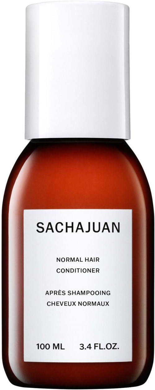Eine braune Flasche mit weißem Deckel und Etikett, gekennzeichnet 'SACHAJUAN' für normalen Haarkonditioner, 100 ml.