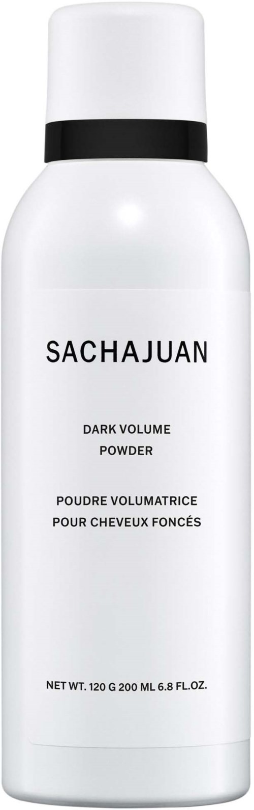 Eine weiße Sprühflasche mit dem Etikett Sachajuan Dark Volume Powder für Haare, mit schwarzem Band am Verschluss.