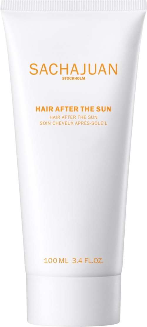 Vit tub med orange text, märkt som Sachajuan hårprodukt för efter sol, 100ml.