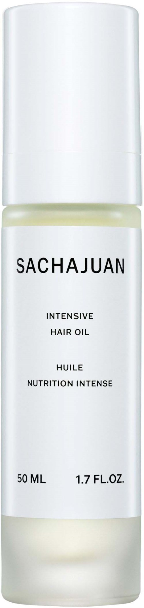 Eine weiße Flasche mit weißem Deckel, beschriftet 'SACHAJUAN Intensive Hair Oil', 50 ml.