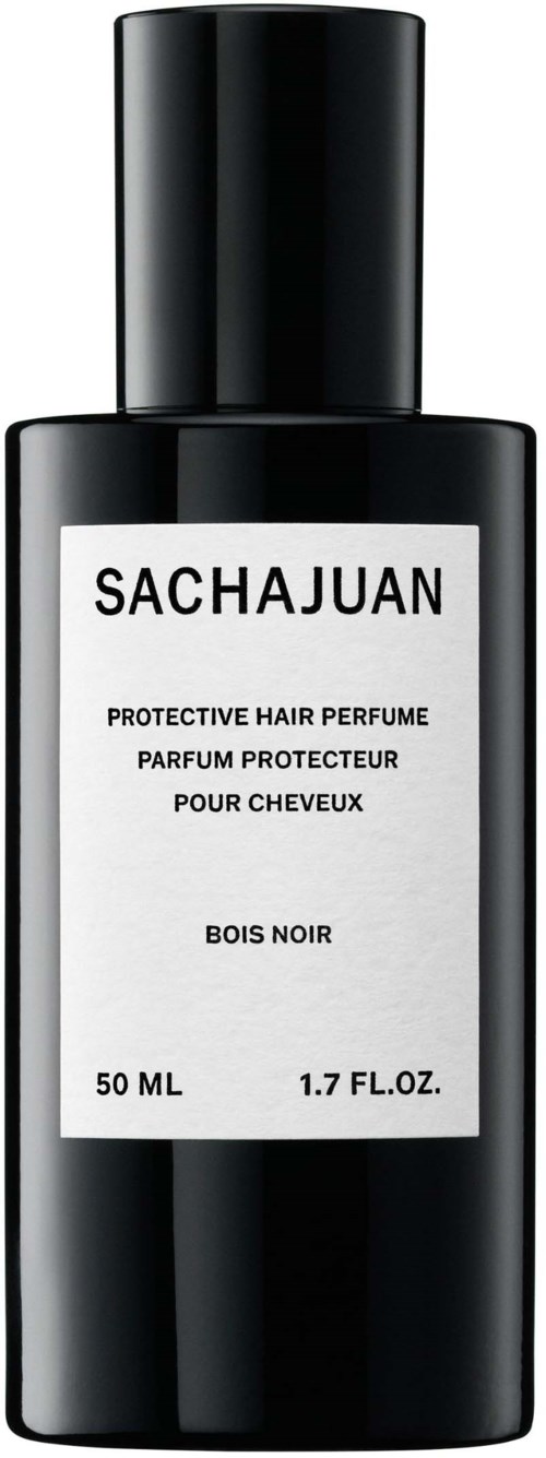 Eine schwarze Flasche mit weißen Text, Beschriftung 'SACHAJUAN', Haarparfüm, 50ml.