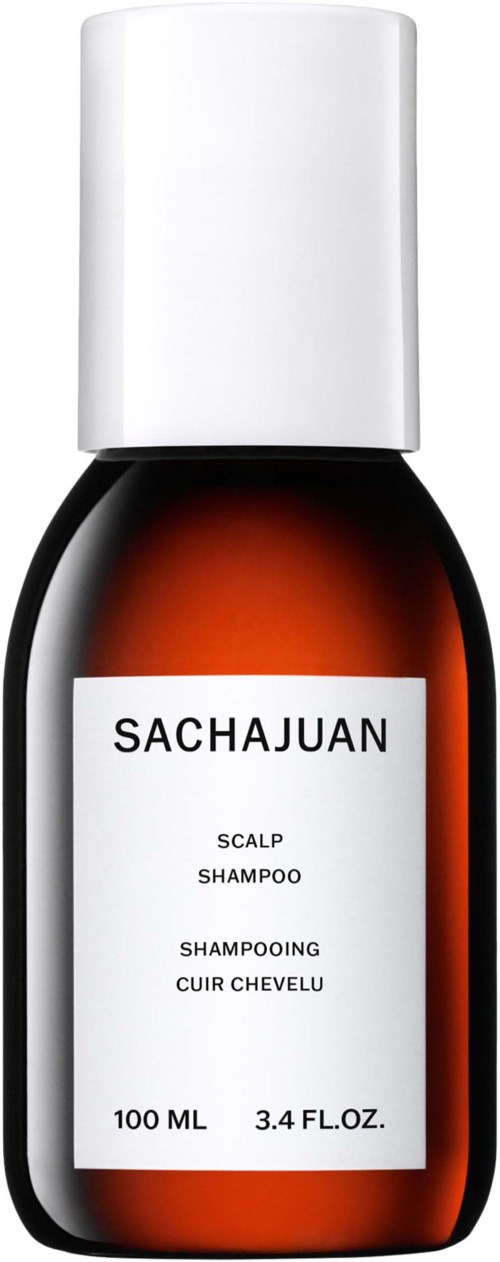Kleine braune Flasche mit weißem Deckel mit Beschriftung Sacajuan Scalp Shampoo, 100 ml, für Haarpflege.