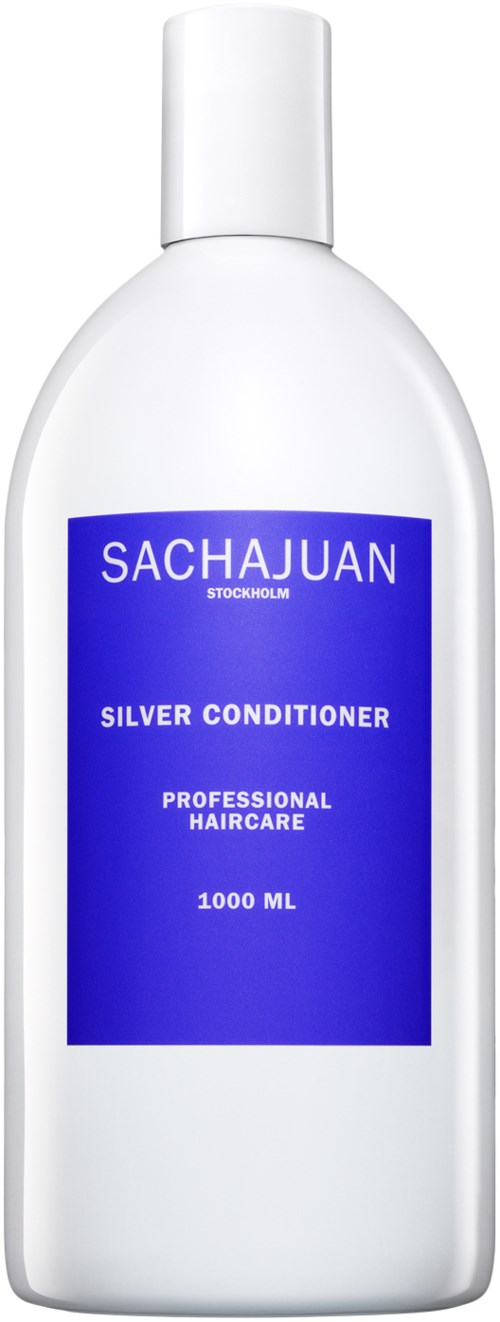 En vit flaska med blå etikett som säger Salchajuan, silverbalsam, professionell hårvård, 1000 ml.