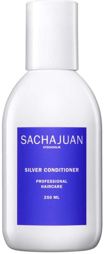 En vit flaska märkt 'SACHA JUAN Stockholm Silver Conditioner, 250 ML, Professionellt hårvård'.
