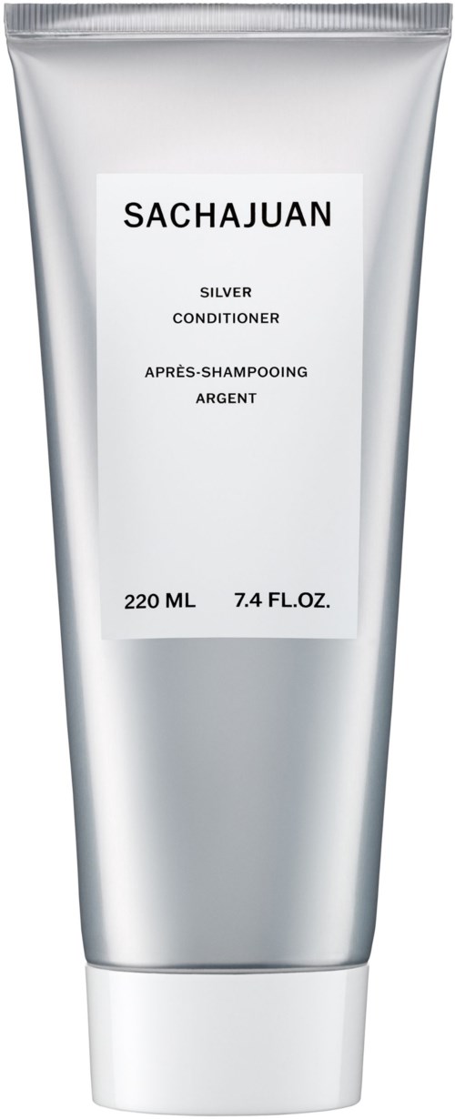 Eine silberne Tube mit Sachajuan Conditioner, 220 ml, mit schwarzen und weißen Texten.