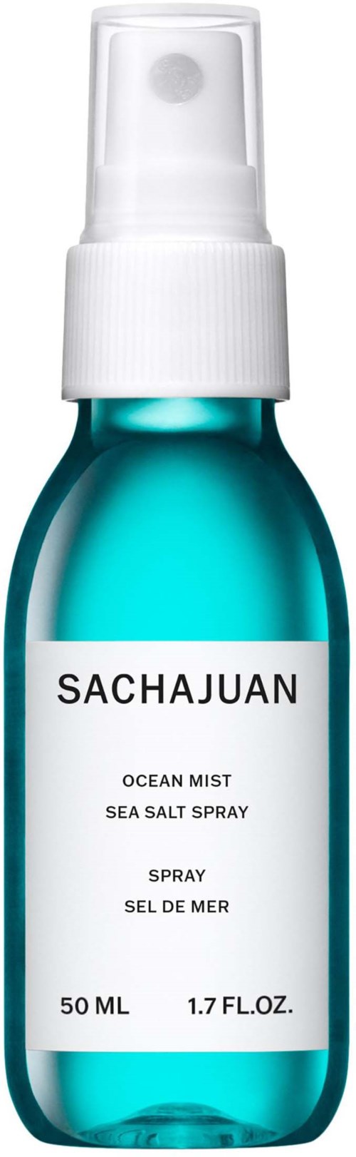 Blauer Meerwasserspray mit weißem Etikett, namens Sachajuan Ocean Mist, 50 ml.