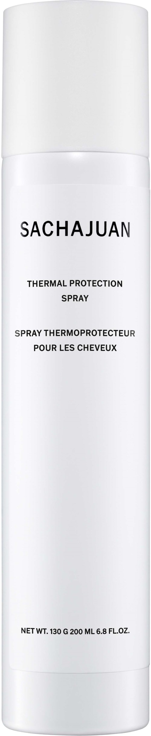 Een witte spraybus met 'SACHAJUAN Thermal Protection Spray' voor haarverzorging.