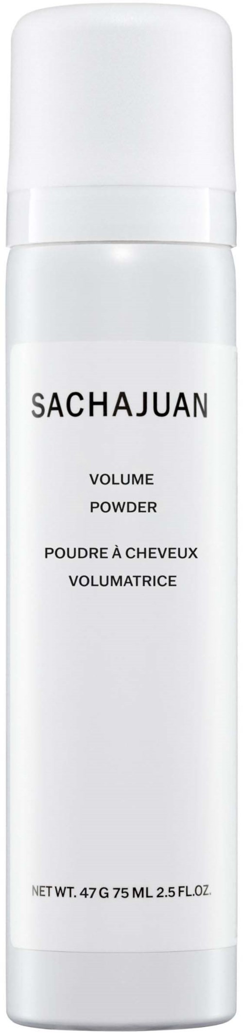 A white cylindrical spray can with black and pink text, labeled 'SACHAJUAN VOLUME POWDER' for hair styling.