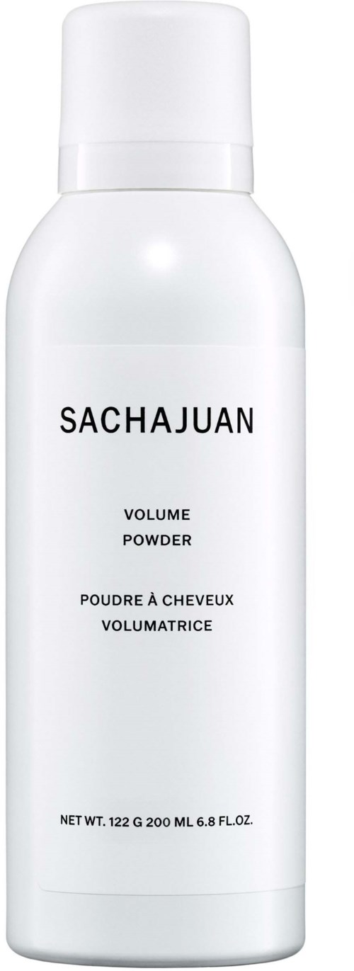 Witte fles met zwarte tekst, labeled Sacajuan Volume Powder, maat 122g.