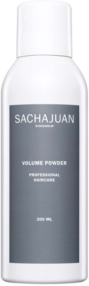 En vit flaska med Sachajuan volympuder för professionell hårvård, 200 ml.