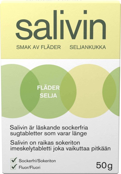A package of salivary candy with green circles, labeled in Swedish, showing it is sugar-free and contains fluoride.