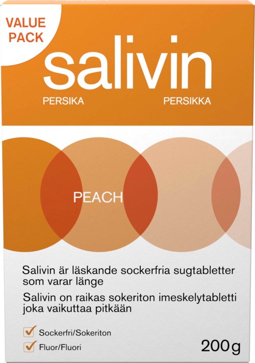 Salivin pfirsicharoma zuckerfreie Kaubonbons in oranger Verpackung mit Text und Häkchen.