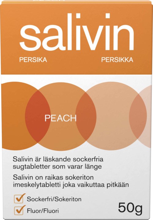 A peach-flavored sugar-free chewing gum package with orange and white colors and the brand name 'Salvin'.