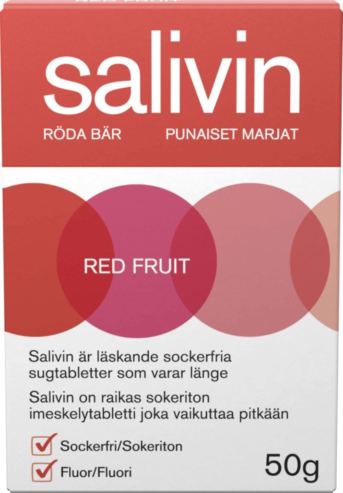 Salvin red fruit flavored sugar-free chewing tablets in a 50g package.