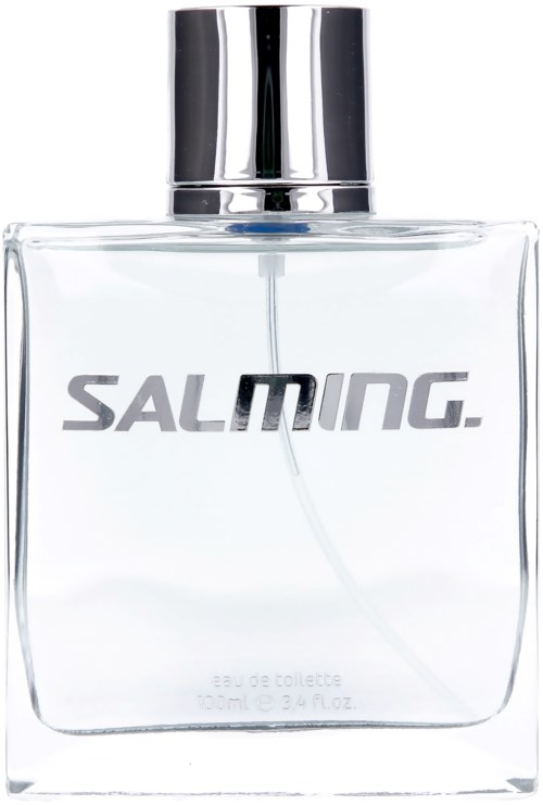 En tydlig parfymflaska med silverlock och ordet "SALMING" på.
