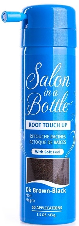 Eine blaue Flasche von Salon in a Bottle Wurzel-Touch-up mit weichem Gefühl, schwarz-braune Farbe, 50 Anwendungen.