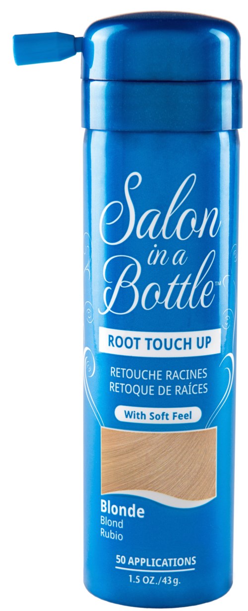 Blauwe fles met pomp, gelabeld "Salon in a Bottle" voor haaraanzet, blond kleur. 50 toepassingen.