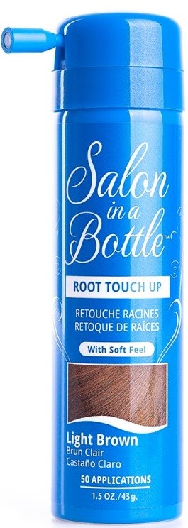 Een blauwe fles met handvat, met label 'Salon in a Bottle' en 'Root Touch Up' voor haar. Toont lichtbruin kleur.