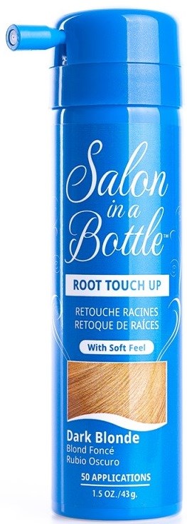Blauwe fles met 'Salon in a Bottle' label, donkerblonde tint, met applicatie-informatie en zachte gevoel beschrijving.