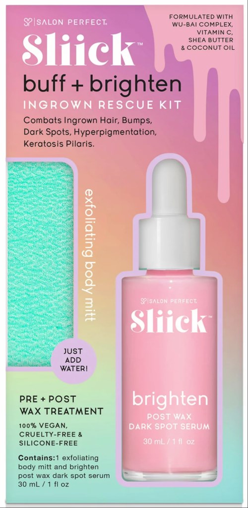 Das Produkt ist eine rosa Flasche Sleek Brighten Post-Wachs-Serum mit Tropfer, in rosa und grüner Verpackung.