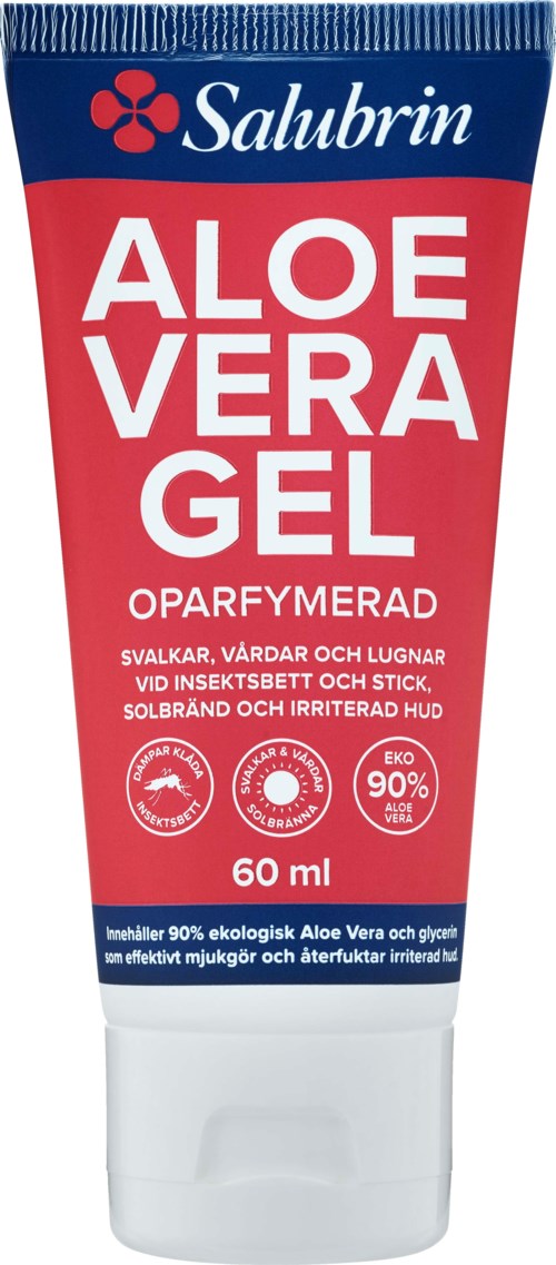Eine rote und blaue Tube mit Salubrin Aloe Vera Gel gegen Hautreizungen und Insektenstiche, enthält 60 ml biologisches Gel.