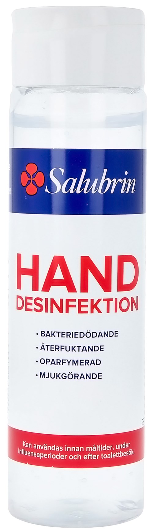 En vit flaska med blå och röd etikett, kallad Salubrin, för handdesinfektion, antibakteriell och alkoholbaserad.