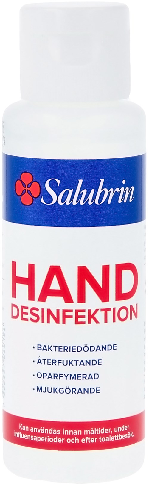 En liten vit flaska märkt 'Salubrin Hand Disinfection' med blå och röda text, avsedd för handdesinfektion.