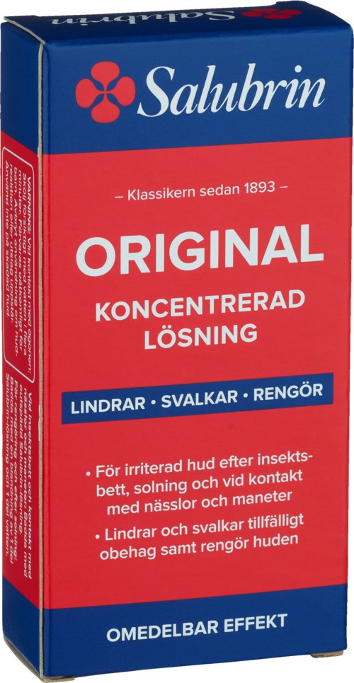 Eine Salubrin-Box, eine Hautbehandlungslösung, mit rotem und blauem Design, Produktbeschreibung und Vorteilen aufgelistet.