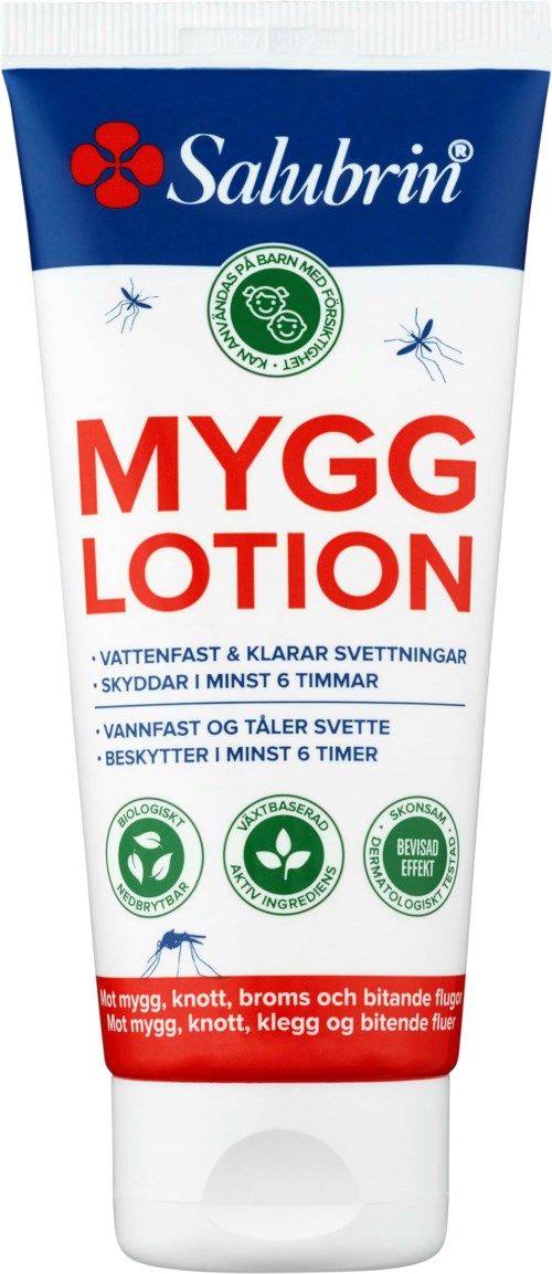 Eine Tube Salubrin MYGG LOTION in Rot und Blau mit Mückenabwehrmitteln und Schutzinformationen.