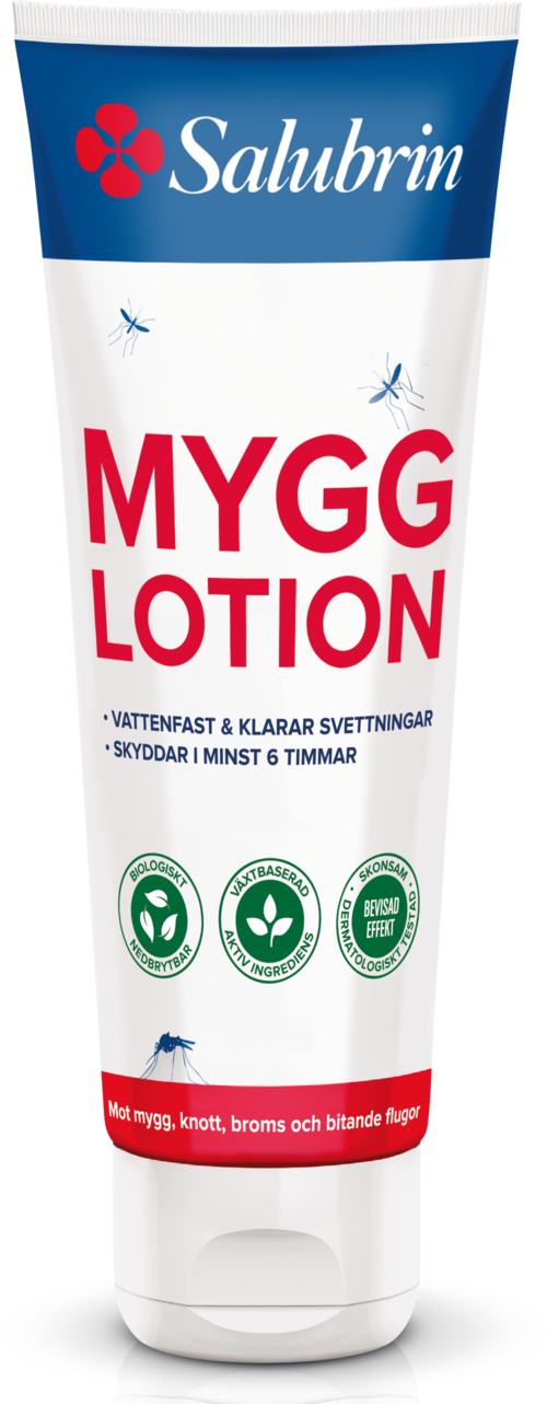 Salubrin Mygg Lotion-Flasche mit Text und Symbolen, zum Schutz vor Mückenstichen.