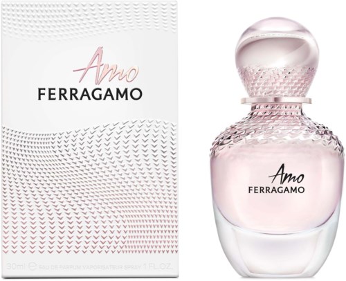 Hajuvesi pullo ja pakka Amo Ferragamo, vaaleanpunainen ja valkoinen, tyylikäs muoto.