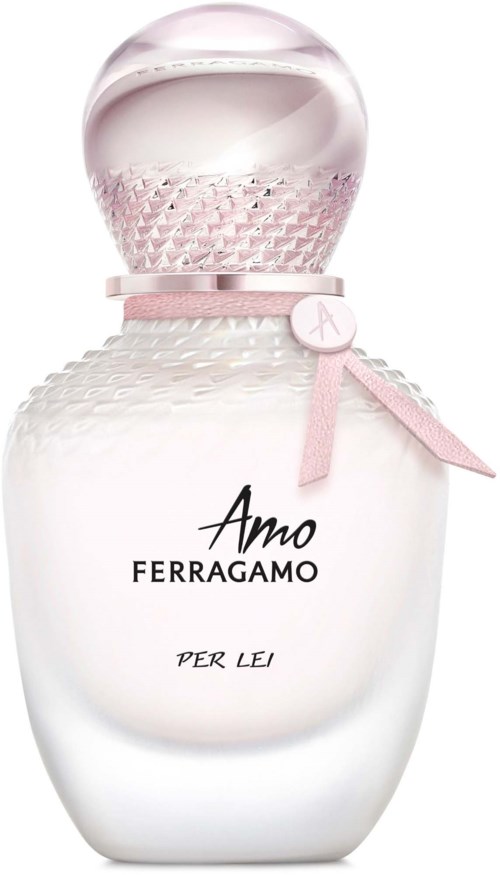 Hajuveden pullo, jossa on vaaleanpunainen korkki, nauha ja etiketti 'Amo Ferragamo Per Lei'.