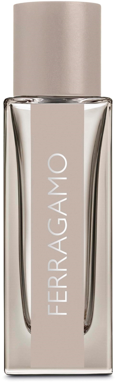 Selkeä hajuvesipullo nimeltä 'Ferragamo' beige korkilla, yksinkertainen ja tyylikäs ulkonäkö.