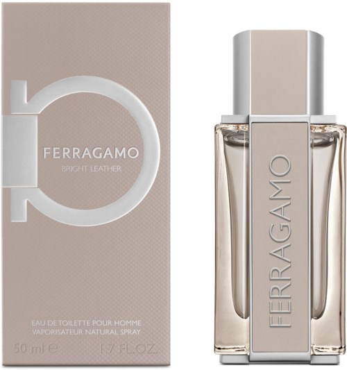 Tuoksupullo, jonka väri on beige ja hopea, ja siinä lukee 'Ferragamo Bright Leather,' näkyy laatikon vieressä.