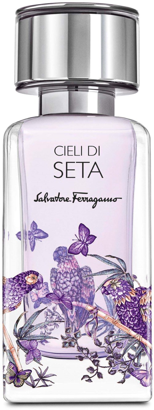 Hajuvesipullo nimeltä 'Cieli di Seta', jossa on violetteja perhosia ja lintuja läpinäkyvässä lasissa.
