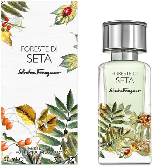Hajuvesilasi ja laatikko lehdillä ja marjoilla, nimeltään 'Foreste di Seta' Salvatore Ferragamo.