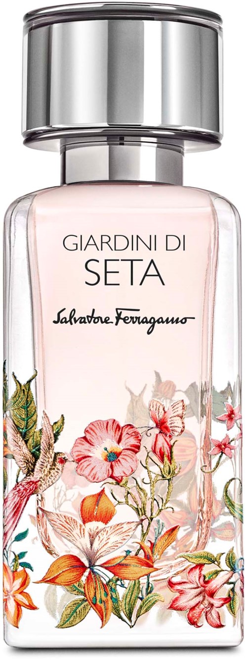 Tuoksupullo, jossa kukkakuvioita, hopea korkki ja merkki 'Giardini Di Seta' by Salvatore Ferragamo.