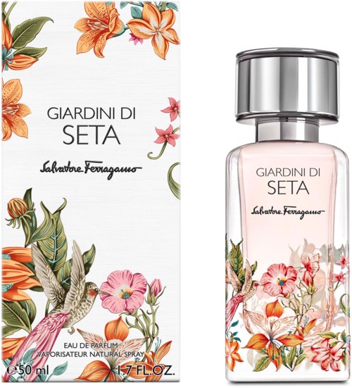 Hajuvesilasi ja laatikko, joissa kukkia ja kolibreja, tekstillä 'Giardini di Seta' ja 'Salvatore Ferragamo'.