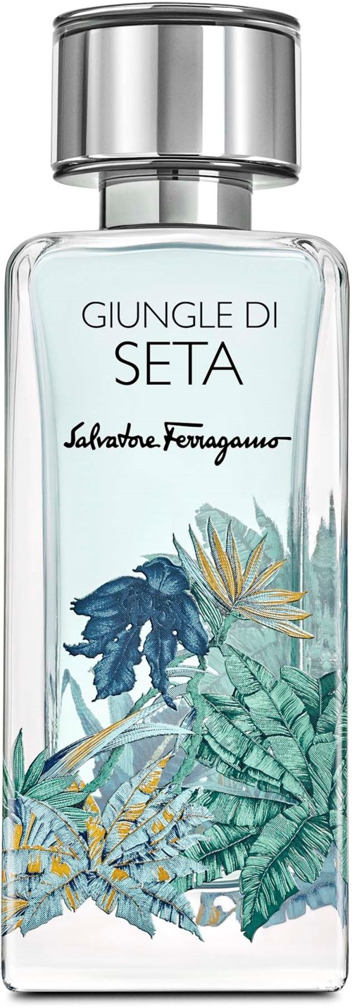 Hajuvesipullo, jossa on kukka- ja lintuaihe ja teksti "GINGLE DI SETA", suunnittelija Salvatore Ferragamo.