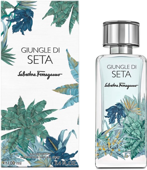 Parfyyshowa ja laatikko trooppiszivistä ja nimellä 'GINGLE DI SETA' Salvatore Ferragamo.