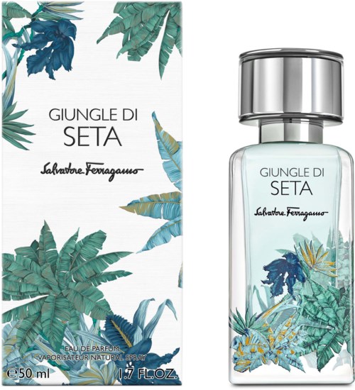 Kuva näyttää parfumapullon, jossa on trooppinen kasvi-Design ja laatikko samanlaisine lehtikuvioineen ja teksteineen.