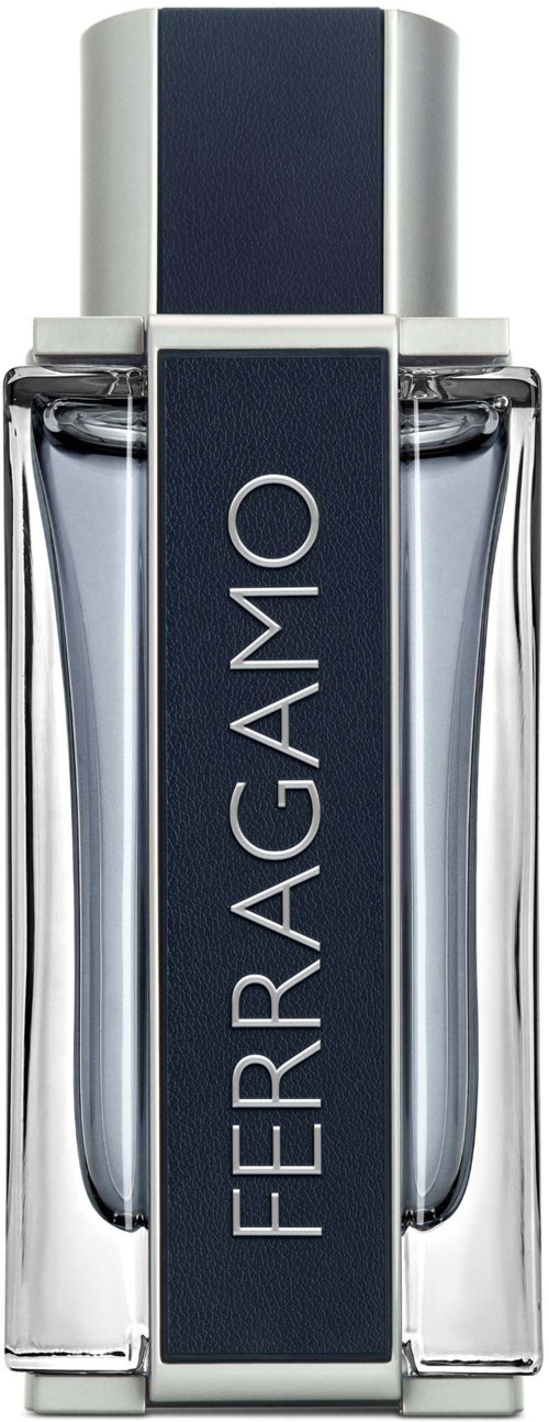 Tyylikäs hajuvesipullo hopean ja sinisen värissä, nimellä 'Ferragamo' pystysuunnassa.
