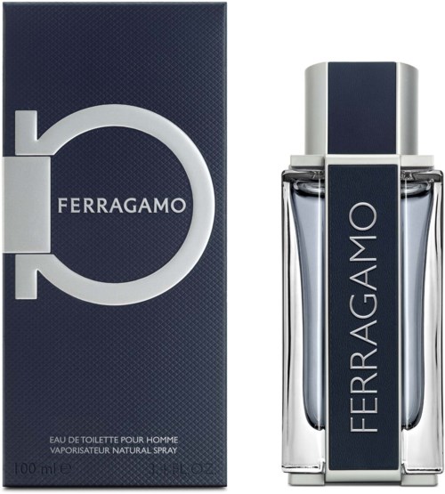 Ferragamo-hajuvesipullo ja laatikko, molemmissa brändin nimi ja tyylikäs muotoilu.