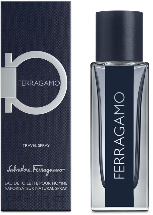 Ferragamo-lomaparfyymi ja rasia, tyylikäs muotoilu, tummansininen ja hopea värit, selkeä brändin nimi.