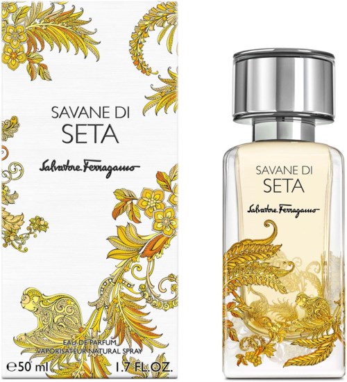 Parfyypullo ja laatikko, joissa on keltaisia ja kultaisia kukka- ja merisiilendesignejä, nimeltään 'SAVANE DI SETA' Salvatore Ferragamon.