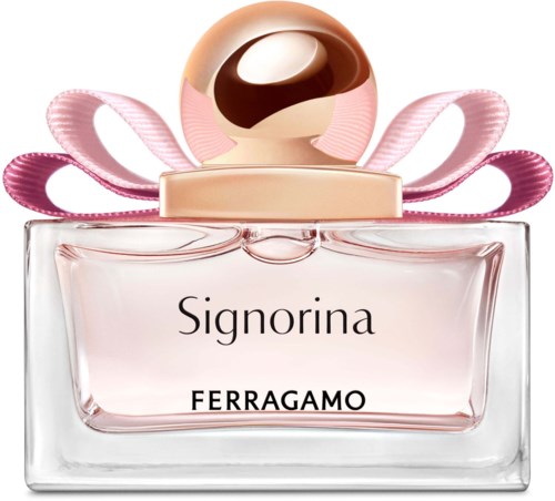 Hajuvesipullo, jossa kulta- ja ruskeanvärinen pyöreä korkki, pinkkejä nauhoja ja nimi Signorina Ferragamo.