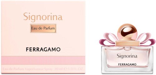 Hajuvesipullo vaaleanpunaisella nauhalla, pyöreällä korkilla ja vaaleanpunaisilla väreillä rasia, Signorina Ferragamo.