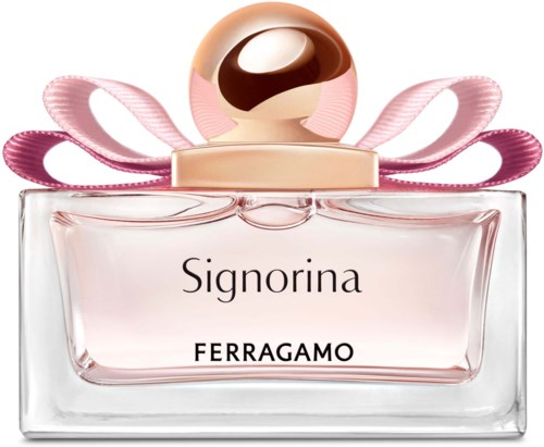 Parfyymipullo, jossa on vaaleanpunainen rusetti, suuri pyöreä kanta ja nimi Signorina Ferragamo.