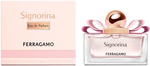 Ferragamo Signorina Eau de Parfum -pullo ja rasia, vaaleanpunainen ja kultainen suunnittelu, nauhakoriste.