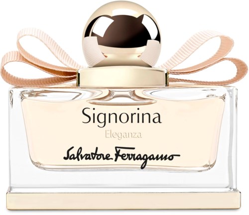 Hajuvesipullo, jossa pyöreä korkki, vaaleanpunainen nauha ja merkinnät Signorina Eleganza, Salvatore Ferragamo.